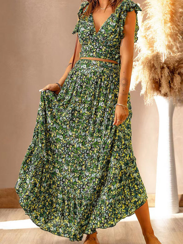 V-neck short-sleeved pullover floral waist slimming irregular dress
