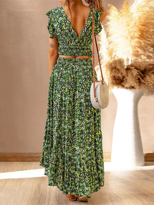 V-neck short-sleeved pullover floral waist slimming irregular dress