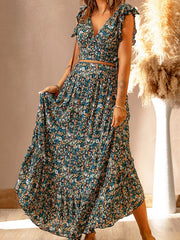 V-neck short-sleeved pullover floral waist slimming irregular dress