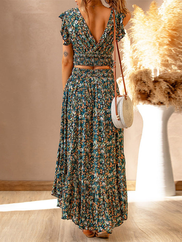 V-neck short-sleeved pullover floral waist slimming irregular dress