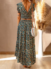 V-neck short-sleeved pullover floral waist slimming irregular dress