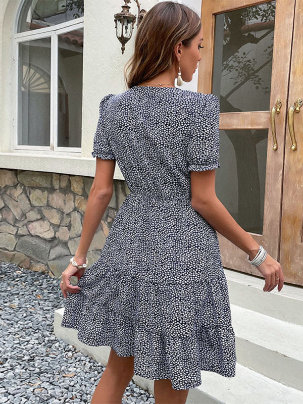 Print Button V Neck Tie Dress