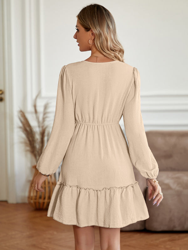 V-neck slim-fitting waist solid color button-embellished dress