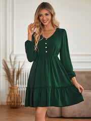 V-neck slim-fitting waist solid color button-embellished dress