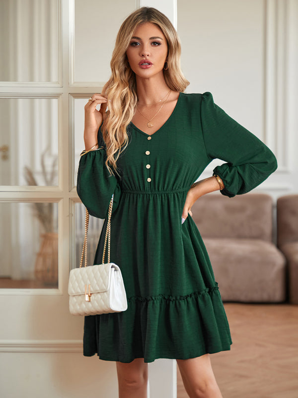 V-neck slim-fitting waist solid color button-embellished dress
