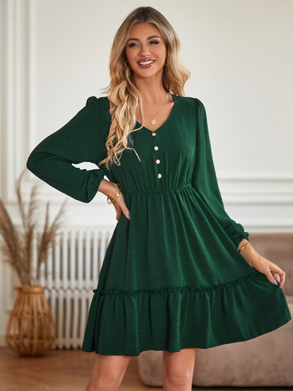 V-neck slim-fitting waist solid color button-embellished dress