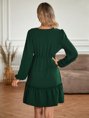 V-neck slim-fitting waist solid color button-embellished dress