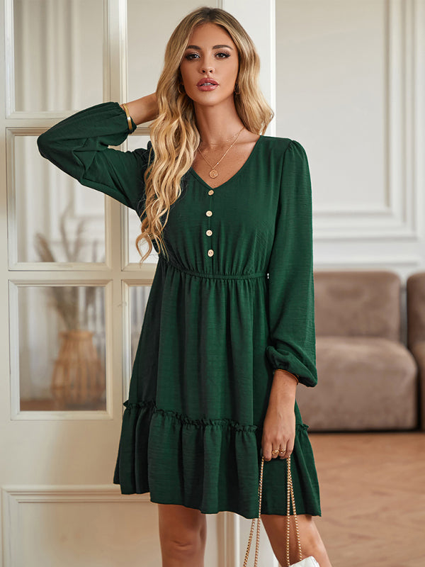 V-neck slim-fitting waist solid color button-embellished dress