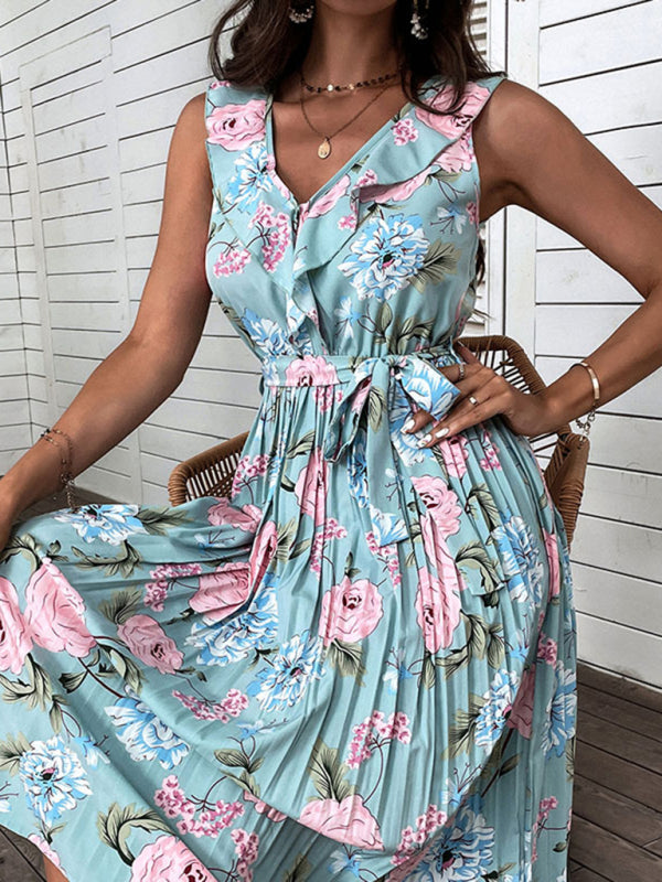Beach Dress Blue Ruffle Flower Sling Dress