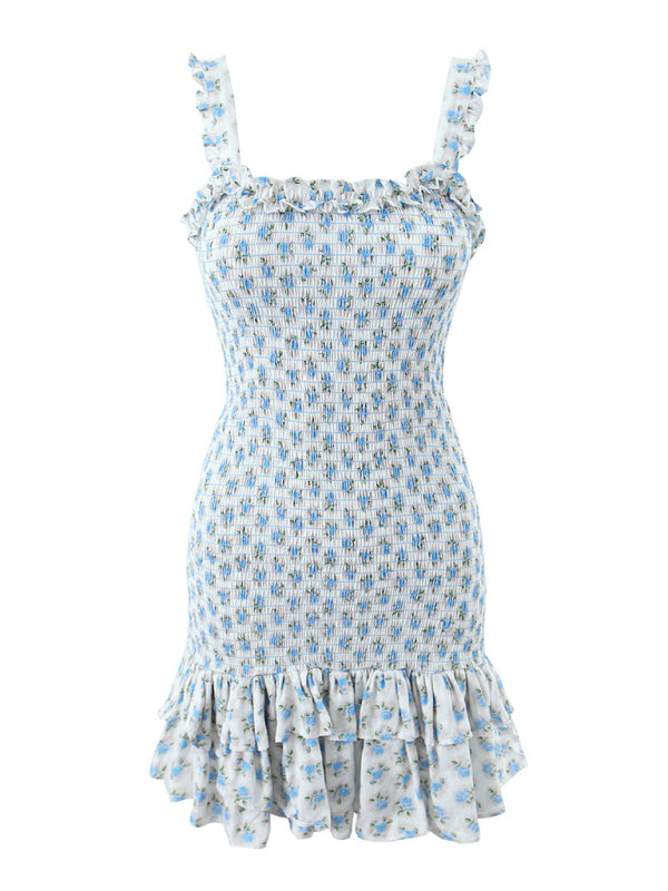French holiday style ruffled cake layered body elastic rose strap dress