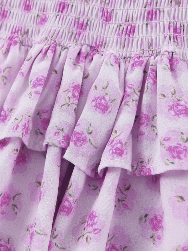 French holiday style ruffled cake layered body elastic rose strap dress