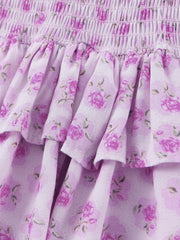 French holiday style ruffled cake layered body elastic rose strap dress