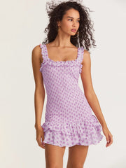French holiday style ruffled cake layered body elastic rose strap dress