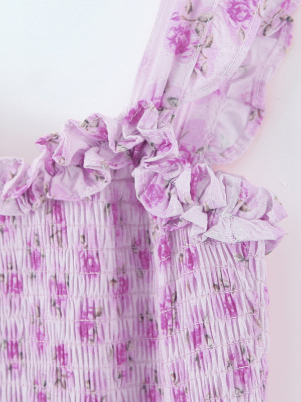 French holiday style ruffled cake layered body elastic rose strap dress