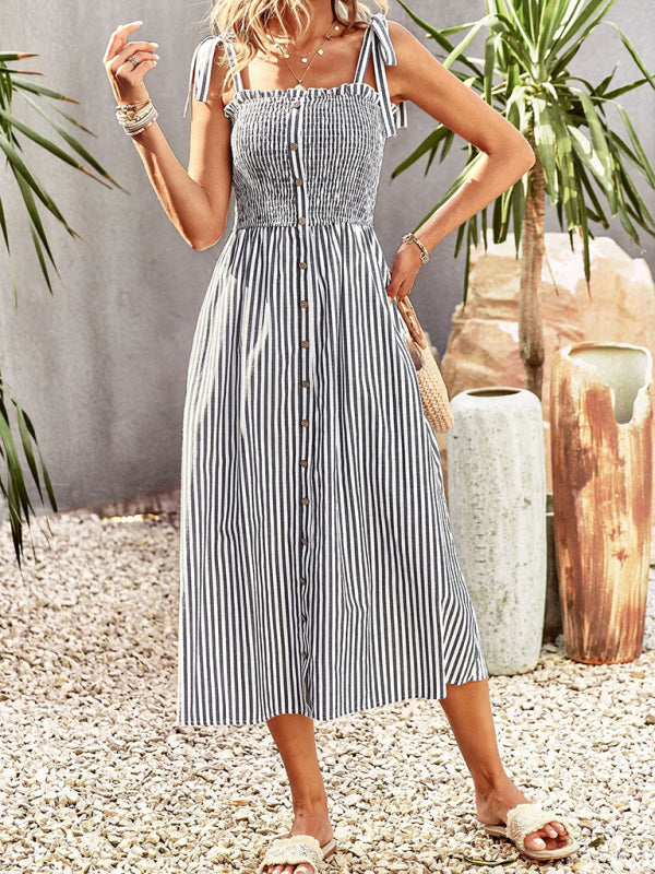 striped temperament elegant suspender dress