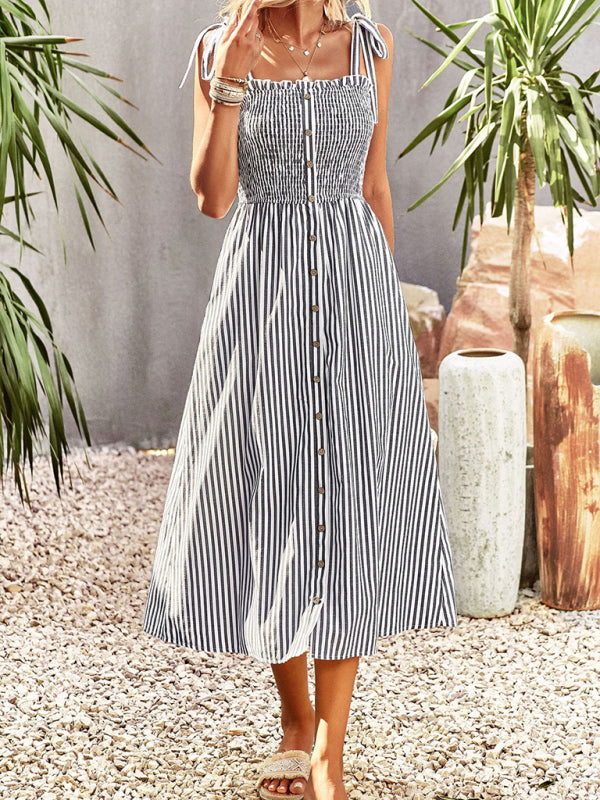 striped temperament elegant suspender dress