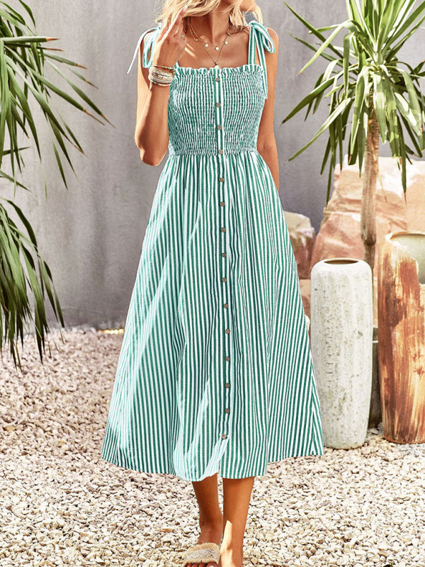 striped temperament elegant suspender dress