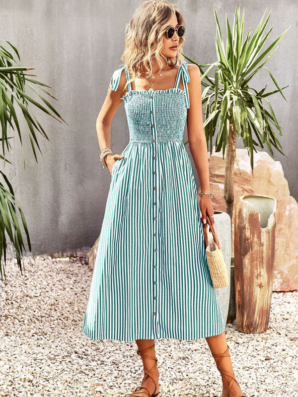 striped temperament elegant suspender dress