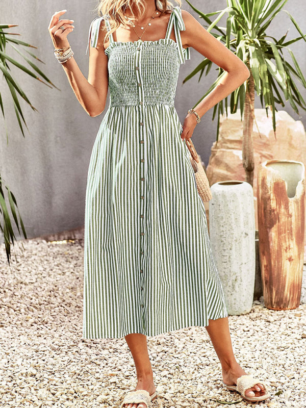 striped temperament elegant suspender dress