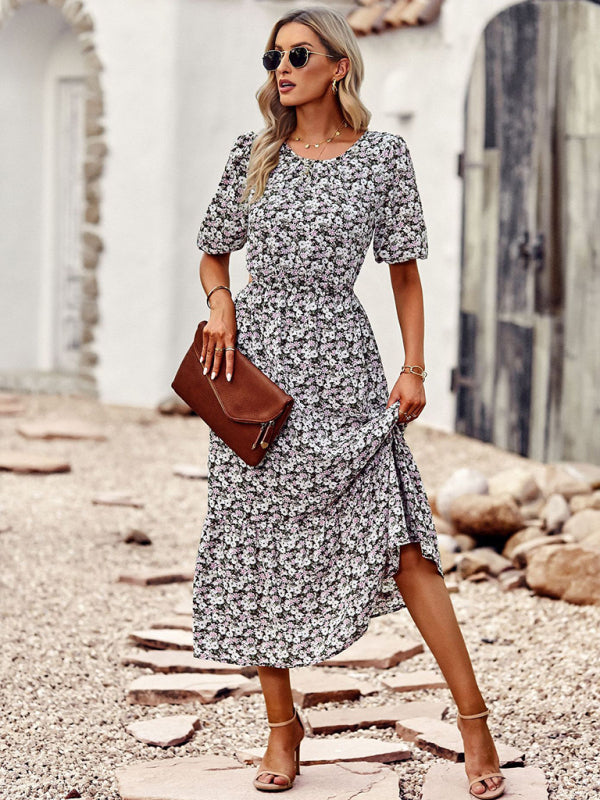 round neck printed waist temperament A-line dress