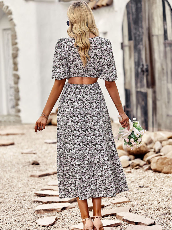 round neck printed waist temperament A-line dress