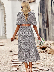 round neck printed waist temperament A-line dress