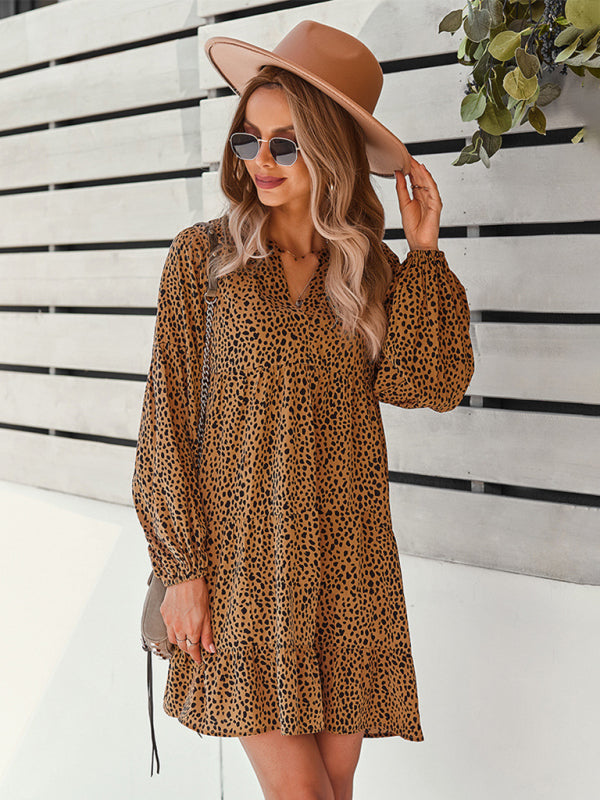 Leopard Print Long Sleeve Casual Holiday Dress