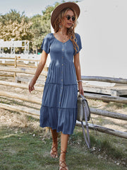 casual button solid color short-sleeved loose dress