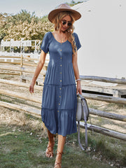 casual button solid color short-sleeved loose dress