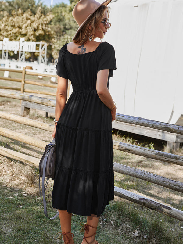 casual button solid color short-sleeved loose dress
