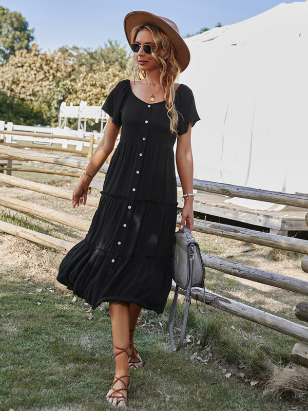 casual button solid color short-sleeved loose dress