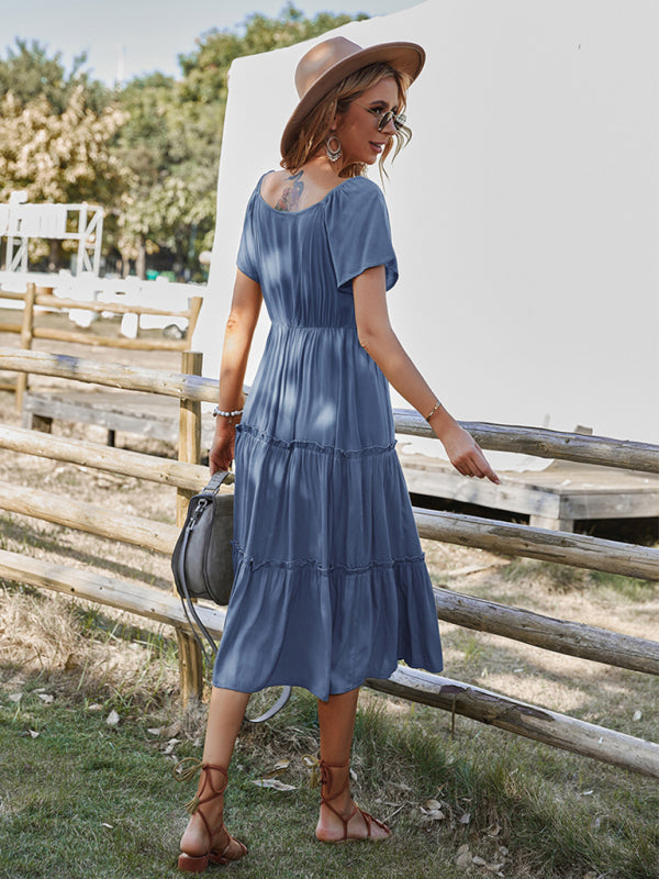 casual button solid color short-sleeved loose dress