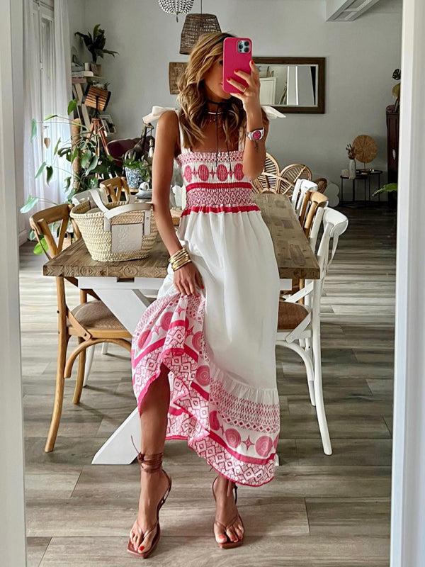 Tie Printed Sweet Elastic Bohemian Maxi Dress