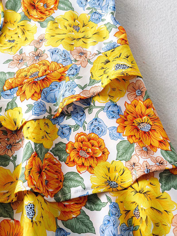 Sexy Slim Chest Tie Short Sleeve Printed Dress Female Skirt