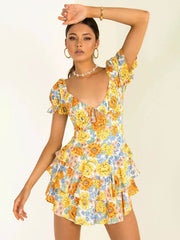 Sexy Slim Chest Tie Short Sleeve Printed Dress Female Skirt
