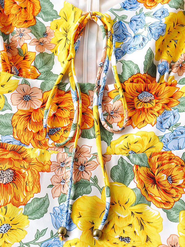 Sexy Slim Chest Tie Short Sleeve Printed Dress Female Skirt