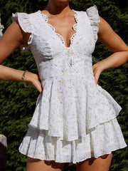 lace embroidery printed waist dress V-neck halter skirt