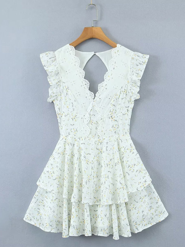 lace embroidery printed waist dress V-neck halter skirt