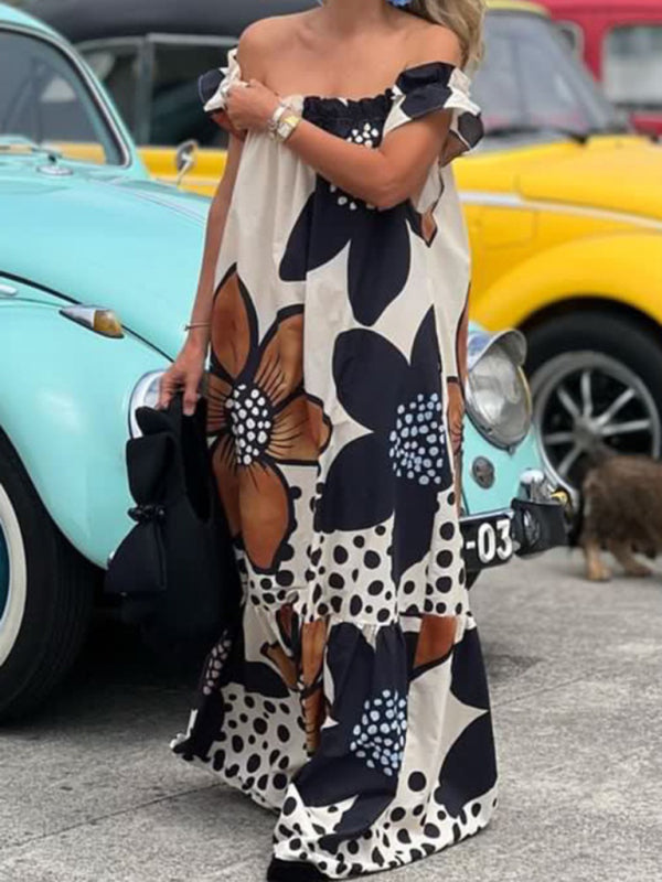 Pocket One Shoulder Print Loose Casual Dopamine Dress
