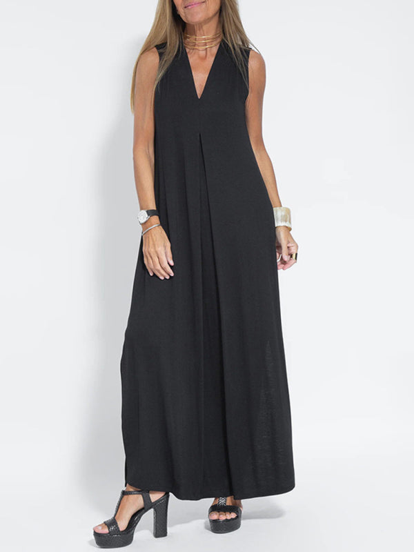solid color pullover V-neck dress