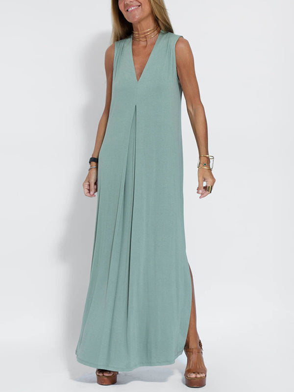 solid color pullover V-neck dress