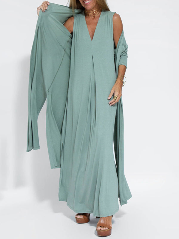 solid color pullover V-neck dress
