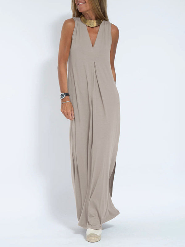 solid color pullover V-neck dress