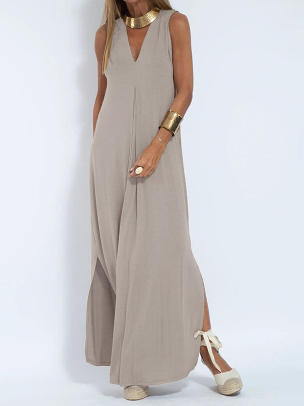 solid color pullover V-neck dress