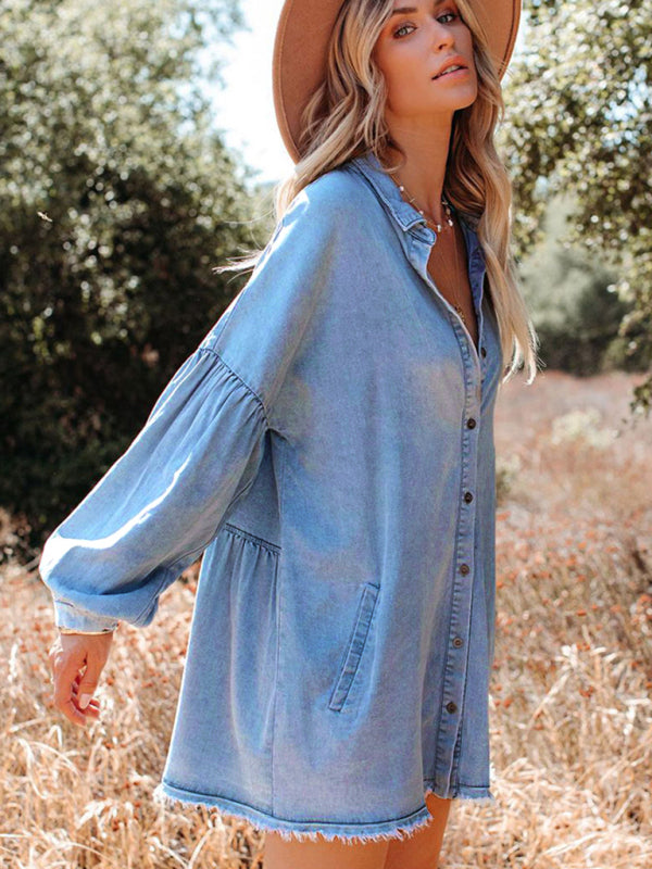 Balloon Sleeve Short Dress Vintage Loose Denim Dress
