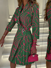 V-neck tie waist mid-sleeve pleated suit dress