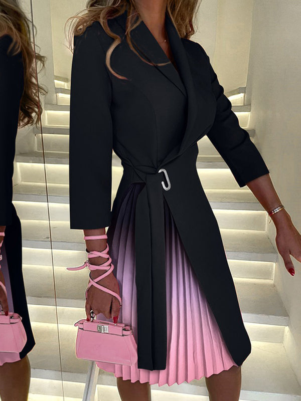 V-neck tie waist mid-sleeve pleated suit dress