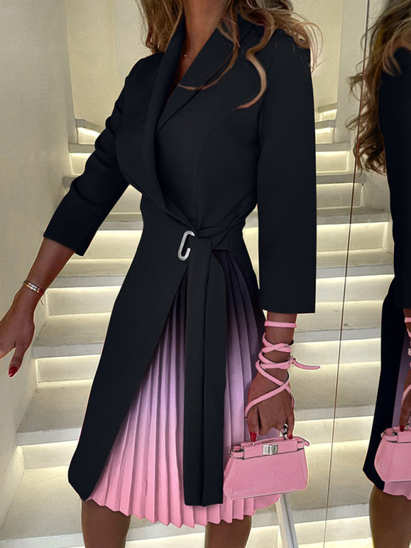 V-neck tie waist mid-sleeve pleated suit dress