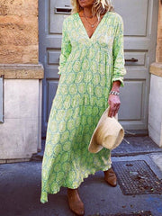 Sexy V-neck long-sleeved printed loose long dress