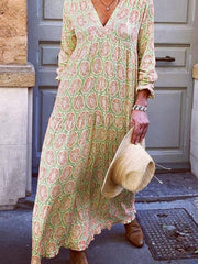 Sexy V-neck long-sleeved printed loose long dress